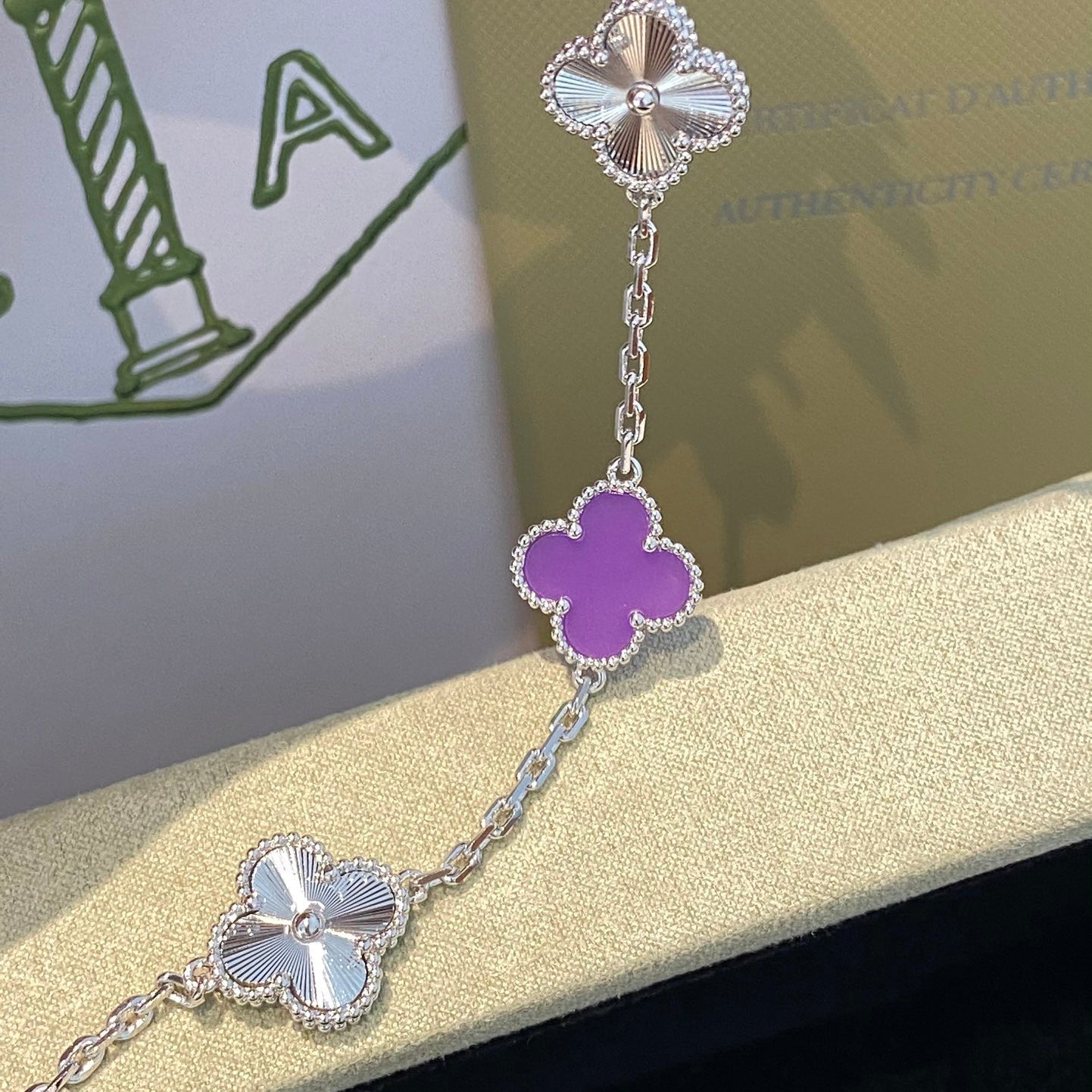 [AuraEcho]CLOVER  5 MOTIFS  PURPLE VIOLET BRACELET SILVER