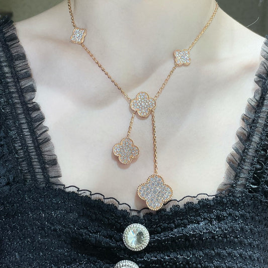 [AuraEcho]CLOVER 6 MOTIF DIAMOND PAVED NECKLACE