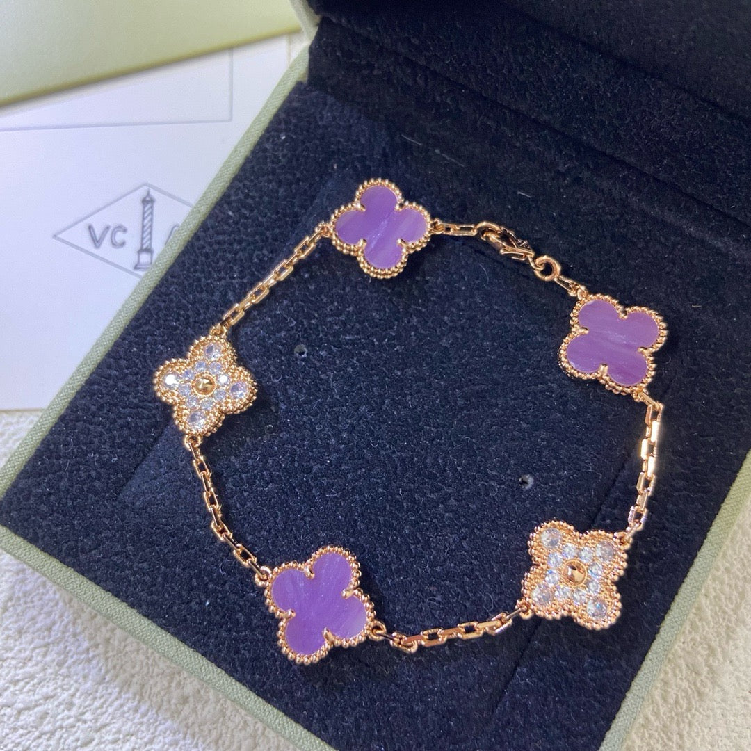 [AuraEcho]CLOVER  5 MOTIFS  PURPLE VIOLET DIAMOND BRACELET