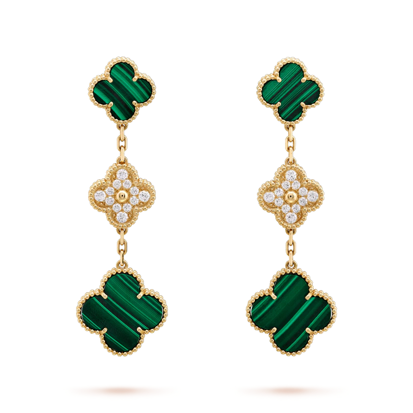 [AuraEcho]CLOVER EARRINGS GOLD MALACHITE DIAMOND 3 MOTIF